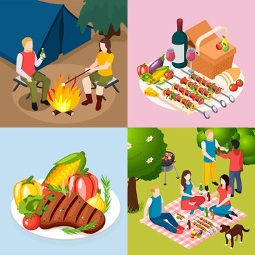 Bbq Grill Picnic Isometic Icon Set