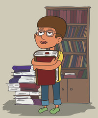 cartoon bookworm boy hugging book at library