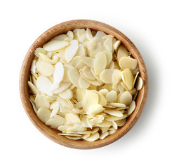 wooden bowl of almond flakes