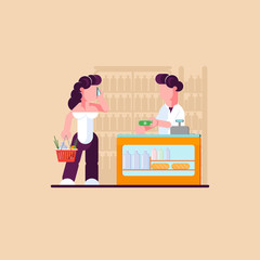 Grocery store. Woman shopping in store. Business concept. Modern vector illustration. - Vector