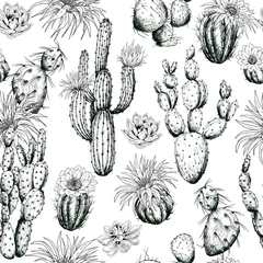 Papier Peint photo Lavable Pour elle Modèle sans couture avec des plantes et des fleurs de cactus noir et blanc. Vecteur dessiné à la main.