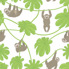 Sloths and Cecropia Leaves vector seamless repeat pattern