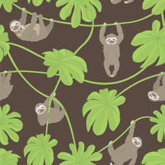 Sloths and Cecropia Leaves vector seamless repeat pattern