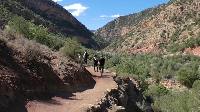Rear view of of people with local guide leading the group walking along Tamraght river in the scenic Paradise Valley in Morocco, Africa