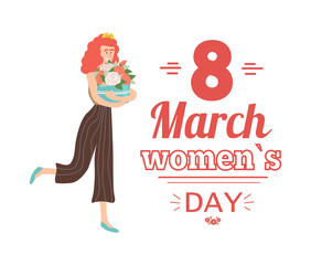 International womens day greeting card with pretty girl holding box full of rose flowers. Vector 8 March spring holiday lettering congrats, redhead female