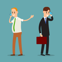Screaming man on phone. Emotional business communication. Aggressive behavior of a businessman. Stressful situation. Businessman was frustrated by phone. Cartoon illustration isolated in flat style