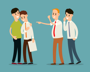 Boss screams and dismisses employee. Colleague soothes a frustrated employee. Manager advises the boss. Problem partnership in the office. Cartoon illustration isolated in flat style