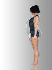 Conceptual fat overweight obese female vs slim fit healthy body after weight loss or diet with muscles thin young woman on gray. A fitness, nutrition or fatness obesity, health shape 3D illustration