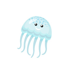 Blue jellyfish, ocean and underwater fish, colorful smiling medusa, glossy sea animal isolated on white. Decoration water object, danger element vector