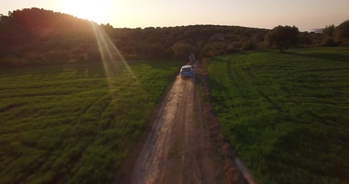 Drone Following Rally Car in Mediterrane Landscape
