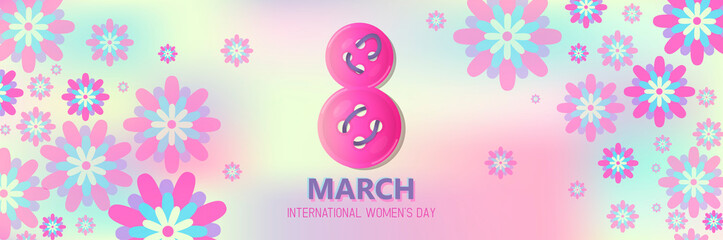 Vector illustration of stylish 8 march womens day with text sign and flowers for greeting card, banner, gift packaging