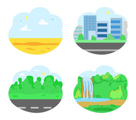 Destinations for tourist exploration in summer vector. Desert and road with greenery, city with skyscrapers, city architecture and pristine nature