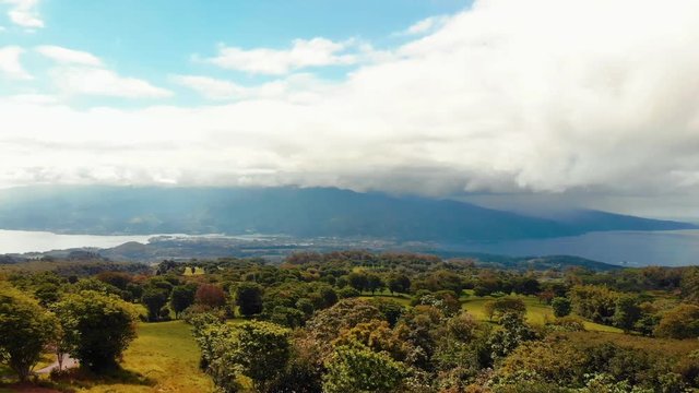 Beautiful panorama aerial view of Tahiti Nui from the belvedere Taravao (plateaux de Taravao), Tahiti Iti island, French Polynesia, south Pacific ocean.