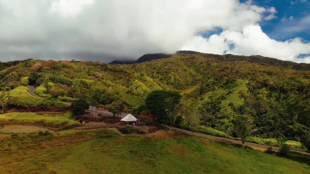 Beautiful panorama aerial view of Tahiti iti mountain from the belvedere Taravao (plateaux de Taravao), Tahiti Iti island, French Polynesia, south Pacific ocean.