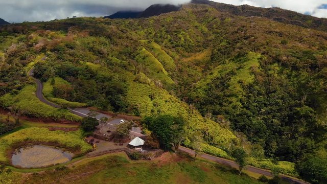 Beautiful panorama aerial view of Tahiti iti mountain from the belvedere Taravao (plateaux de Taravao), Tahiti Iti island, French Polynesia, south Pacific ocean.