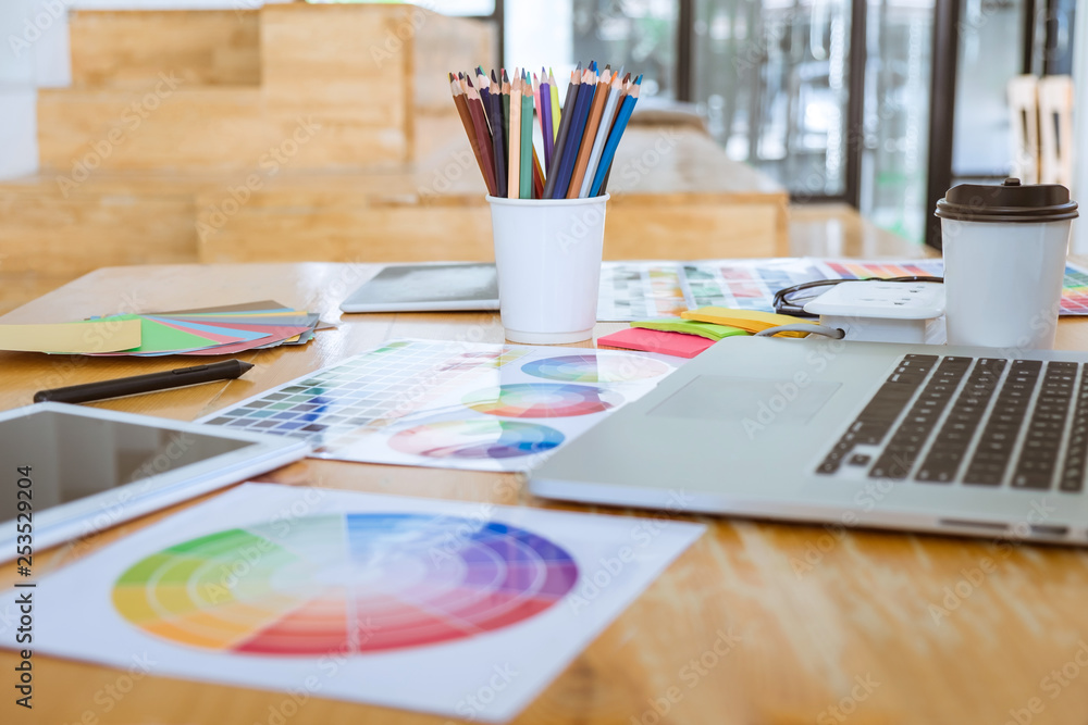 Poster graphic designer object tool and color swatch samples at workspace