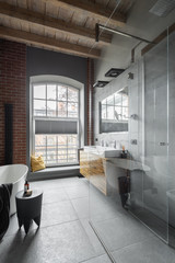 Loft bathroom with wooden ceiling