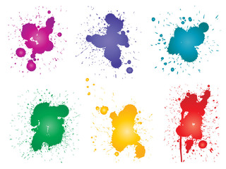 Vector collection of artistic grungy paint drop, hand made creative splash or splatter stroke set isolated white background. Abstract grunge dirty stains group, education or graphic art decoration