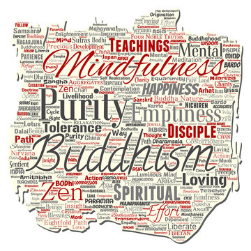 Vector conceptual buddhism, meditation, enlightenment, karma old torn paper word cloud isolated background. Collage of mindfulness, reincarnation, nirvana, emptiness, bodhicitta, happiness concept