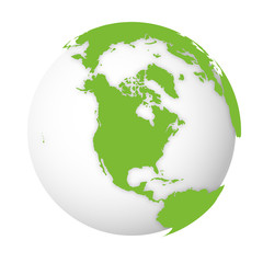 Natural Earth globe. 3D world map with green lands dropping shadows on white globe. Vector illustration