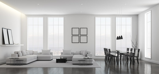 View of white living room in minimal style with black and white furniture on dark laminate...