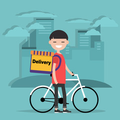 Bicycle delivery.Character with parcel box on the back. Ecological city bike food delivering service concept with courier carrying package on modern city background. Flat cartoon design.clip art