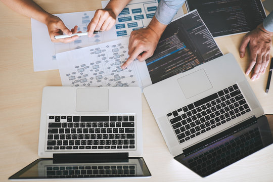 Team of Professional Developer programmer cooperation meeting and brainstorming and programming in website working a software and coding technology, writing codes and database