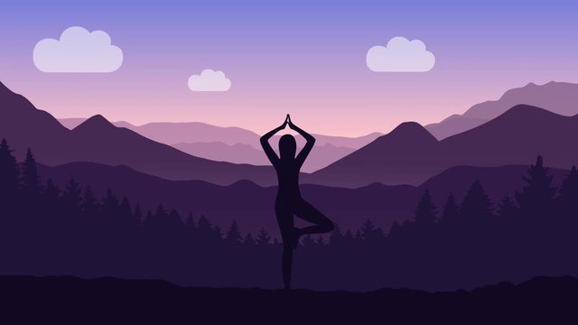 girl makes yoga with mountain view purple landscape and sunshine illustrated animation