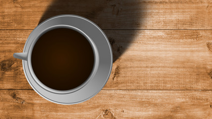 Cup of coffee on wooden table, top view