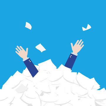 Man with his hands up in a pile of papers. Business or scientist concept. Vector illustration. - Illustration