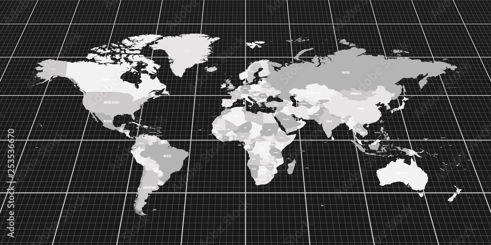 Poster geopolitical map of world. bottom perspective view with background grid. vector illustration