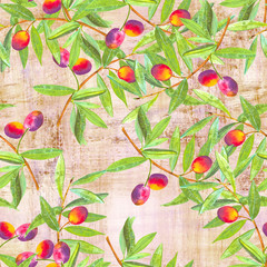 A seamless watercolor pattern of vibrant olive tree branches with olives, a vegan repeat print on an old paper background