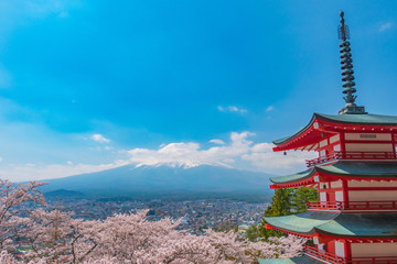 Chureito pagoda in springtime with Mt. Fuji background.
