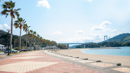 A toll road rest stop in Hakata Island with a row of palm trees by the beachside and a view of the Hakata Oshima Bridge which connects Hakata Island with Oshima Island in the Shikoku Region of Japan.