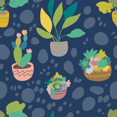 Urban interior house plants in decorative pots vector illustration. Hand drawn art succulents cacti ficus tropical plants in scandinavian minimal style. Tile pattern for print fabric.