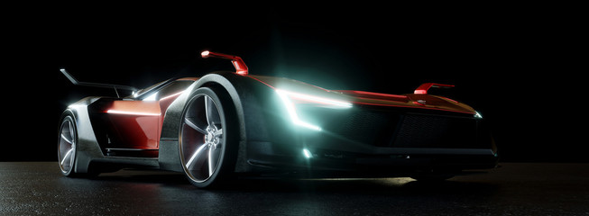Moderner Sportwagen bei Nacht mit LED Scheinwerfern - obrazy, fototapety, plakaty