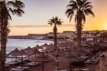Sunset over the resort area of the Red Sea coast in Egypt. Holiday in Sharm El Sheikh	
