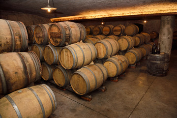 Constant humidity temperature underground arched cellar with French barrique oak barrels at Kabaj Morel winery Slovrenc Dobrovo Brda Slovenia - obrazy, fototapety, plakaty