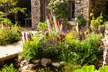 Decorative garden with a patio area in a countryside