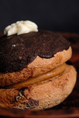 Cake with nut filling is poured with chocolate icing. Shallow depth of field