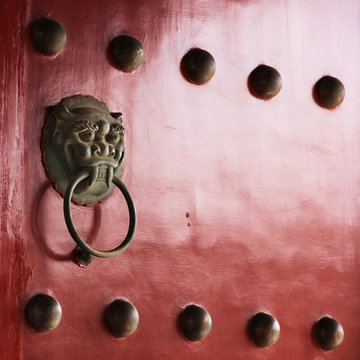 Chinese Red Door With Lion Knocker