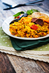Prawn with rice - closeup of prawn with rice - traditionnal spanish food paella