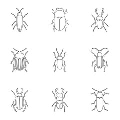 Species of beetles icons set. Outline illustration of 9 species of beetles vector icons for web