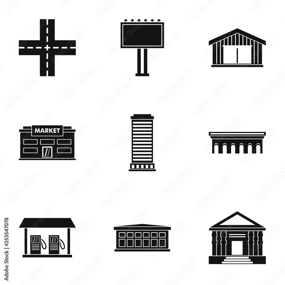 Poster public building icons set. simple illustration of 9 public building vector icons for web