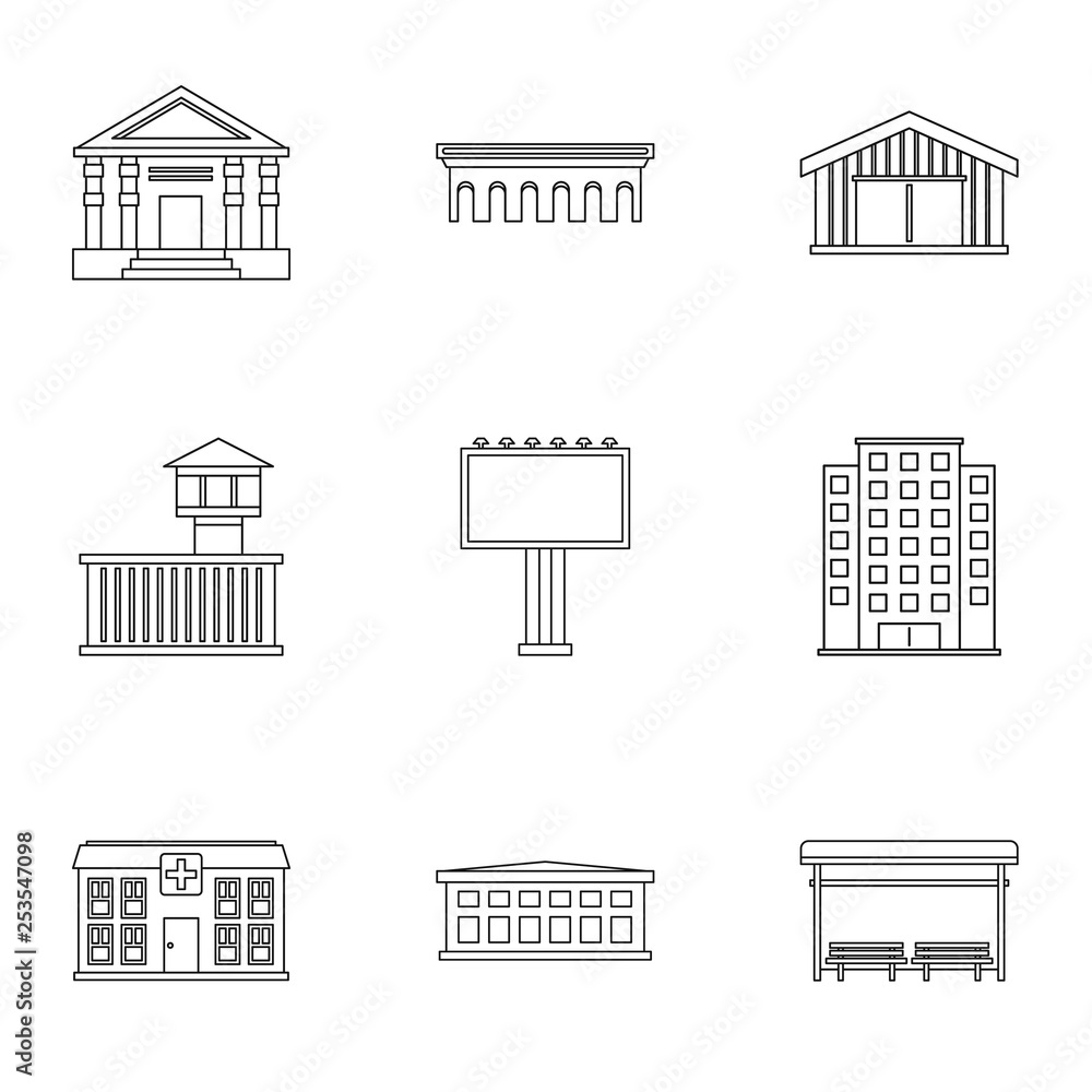 Aufkleber Public building icons set. Outline illustration of 9 public building vector icons for web