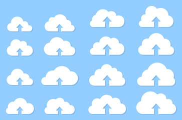 Cloud upload collection with shadow on blue background