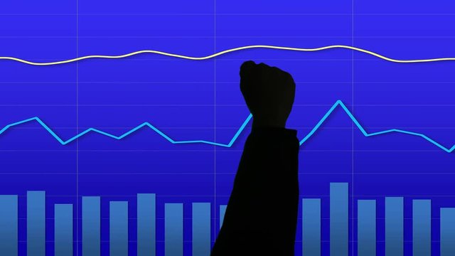 arm raised, business, businessman, chart, data, ecstatic, expressing positivity, finance, fist, fist pump, gesturing, graph, hand gesture, hand up, man, market, positive, rising, silhouette, stock exc