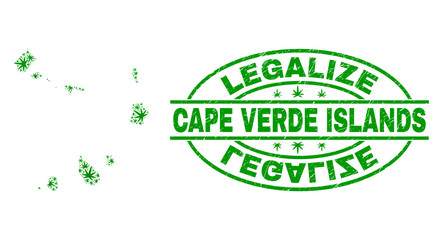 Vector marijuana Cape Verde Islands map mosaic and grunge textured Legalize stamp seal. Concept with green weed leaves. Concept for cannabis legalize campaign.