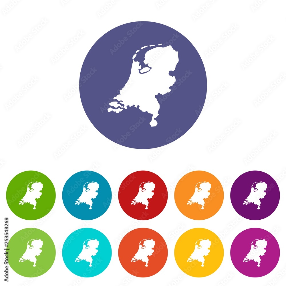Poster holland map set icons in different colors isolated on white background