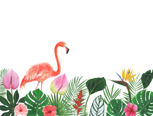 Tropics Flamingo bird Watercolor illustrations Botanical decorations Decoration Postcard Invitation design decoration congratulation